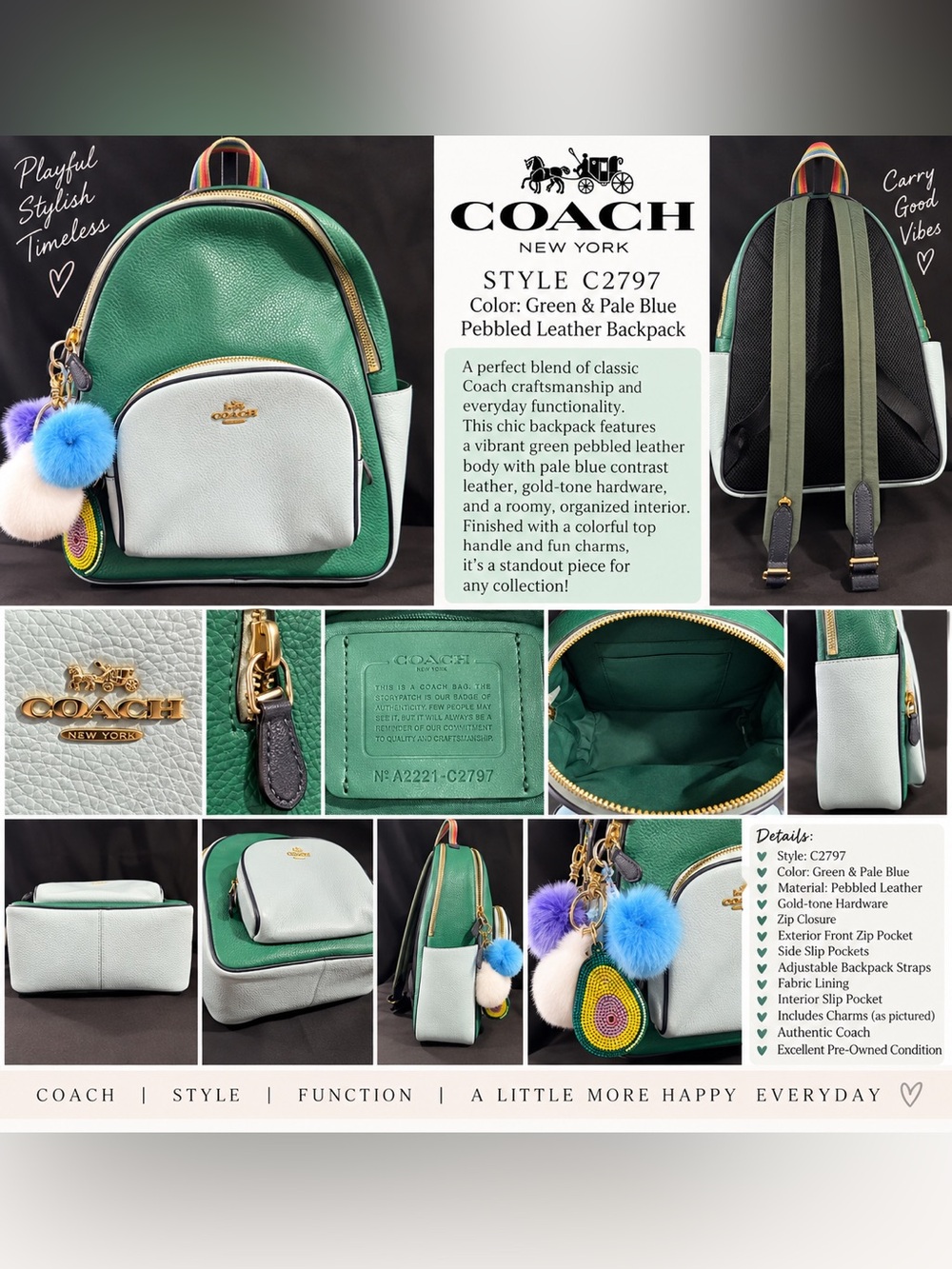 COACH Green & Pale Blue Pebbled Leather Mini Backpack with Gold Hardware